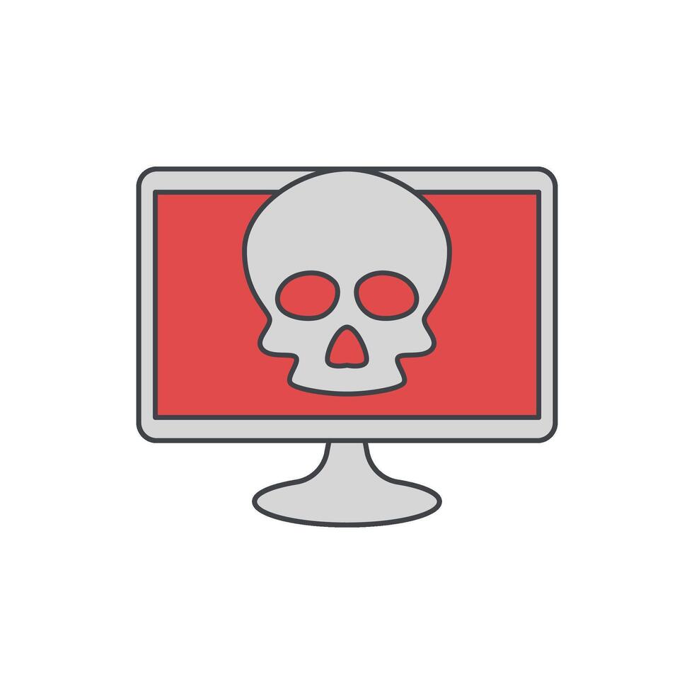 Computer screen displaying a skull and crossbones icon, symbolizing danger or a virus threat to data security vector