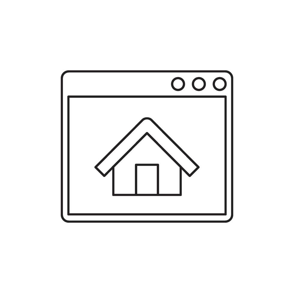 Simple outline illustration of a house icon on a computer screen or browser window interface, symbolizing home page or website entry vector