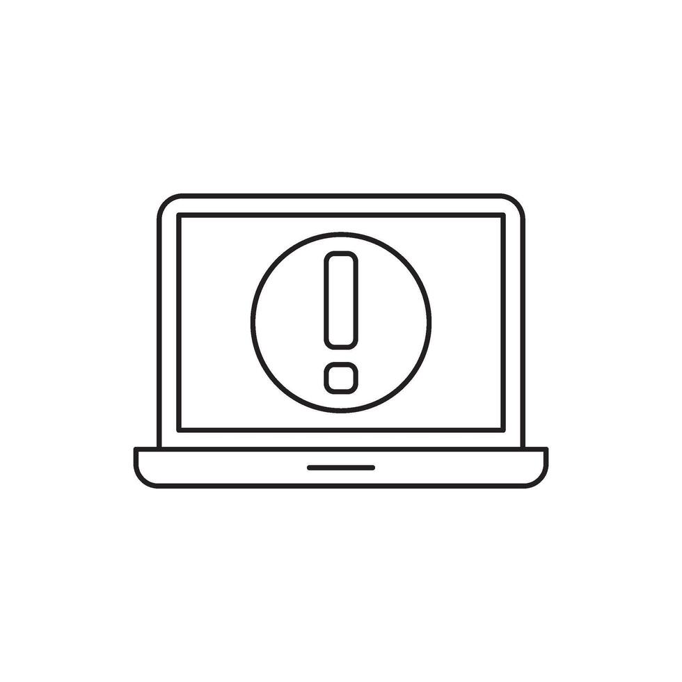 Computer displaying a warning icon with an exclamation mark in a circle on its screen, representing a digital alert or error message vector