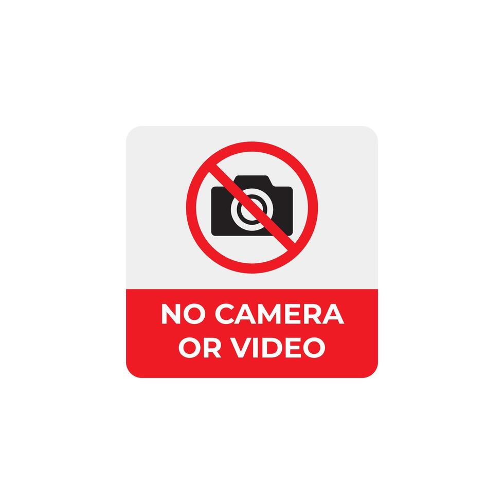 Sign indicating no cameras or recording allowed, with a red circle and slash over a camera icon, on a white background vector