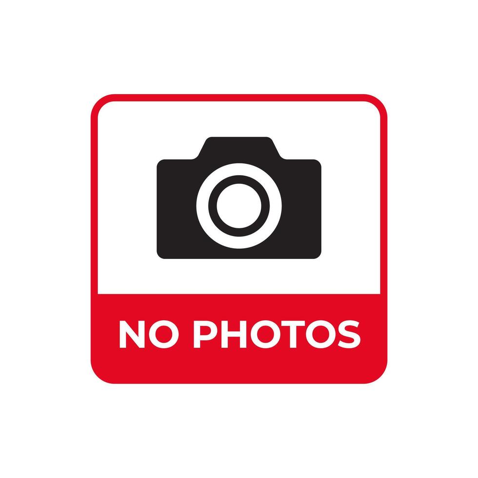 A clear red and white sign with a camera icon and the text 'NO PHOTOS' prominently displayed, indicating a restriction on photography vector