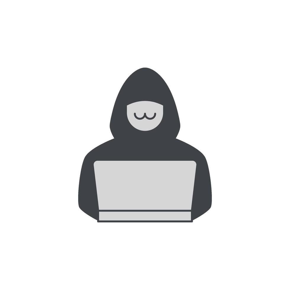 Hacker using a laptop with a simple hooded figure illustration vector
