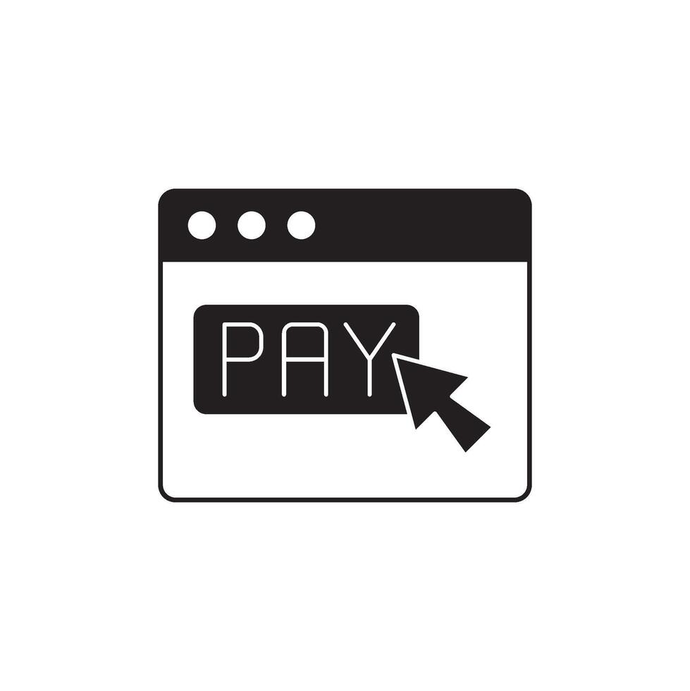 A web browser window displays the word 'PAY' prominently, with a cursor hovering over it, indicating an online transaction or payment process vector