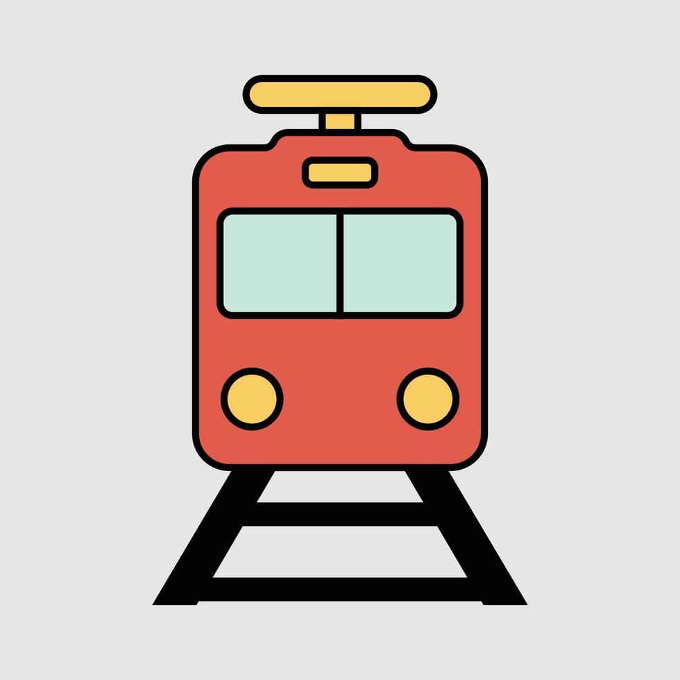 Illustration of a cartoon train with yellow top and red body, on black rails, against a light gray background, presented in a clean, modern, and simplified graphic style vector