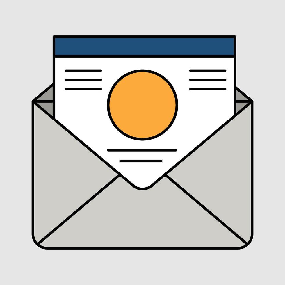Open envelope with a document containing an orange circle graphic, symbolizing communication, correspondence, and digital messaging vector