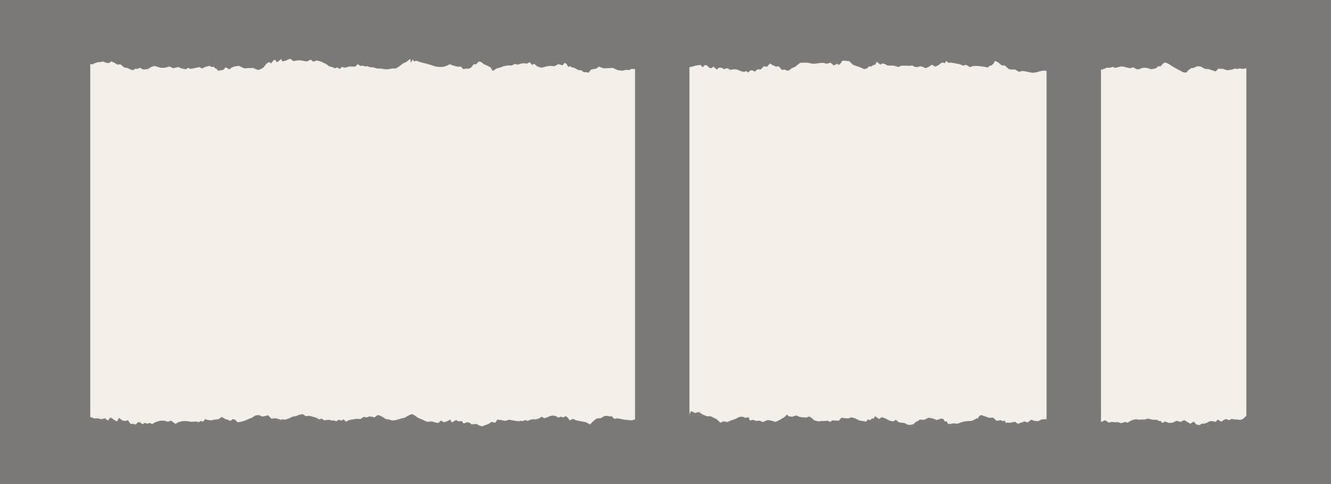 Paper frame set with jagged edges. Beige square and rectangle torn paper sheet collection. Ripped page template background for poster, text box, banner, collage, sticker. Craft backdrops vector