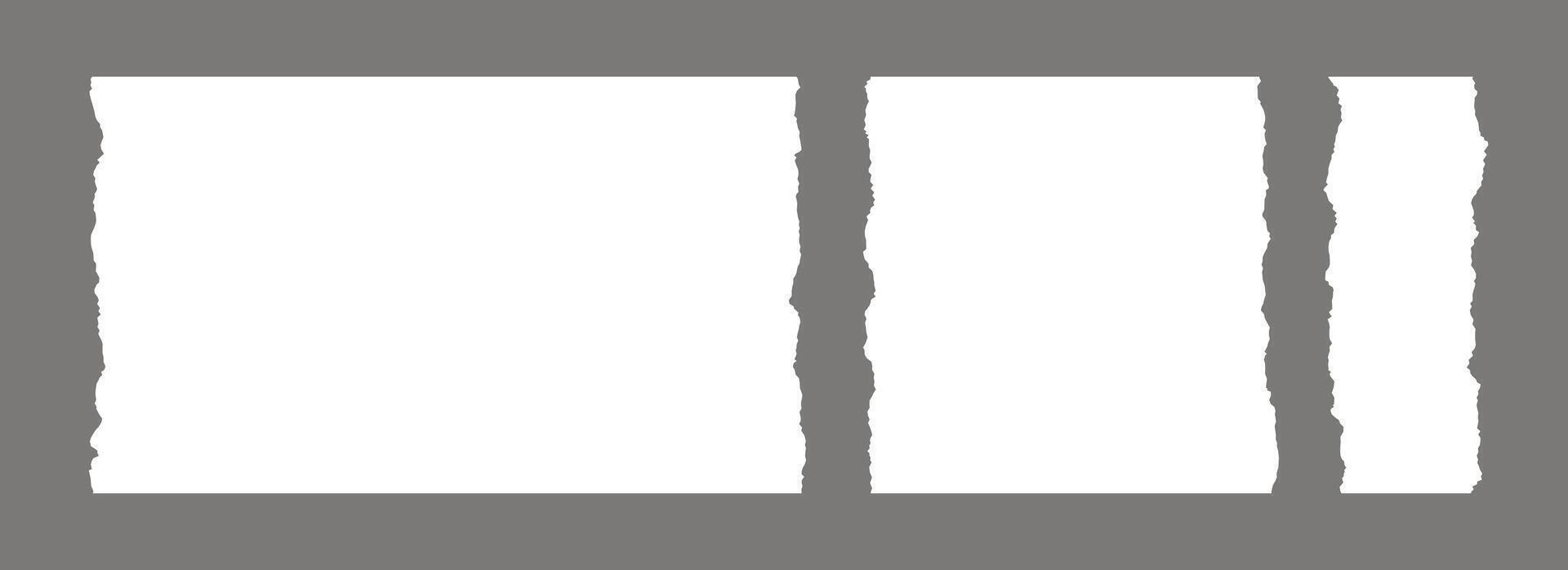 Set of paper frame with jagged edges. White square and rectangle torn paper sheet collection. Craft backdrop pack. Ripped page template background for poster, text box, banner, collage, sticker vector