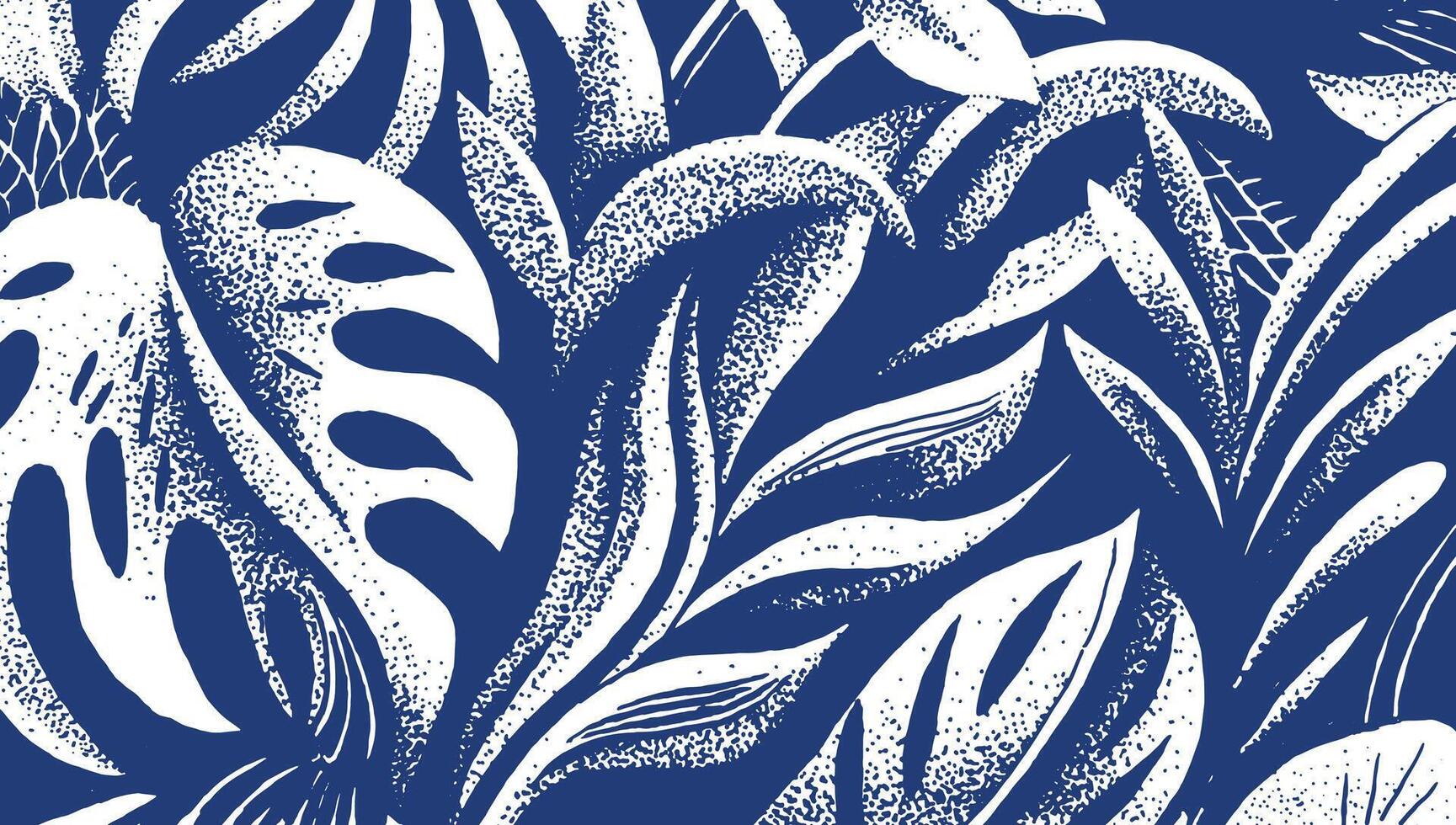 Bold, tropical foliage pattern in deep indigo and white. Hand drawn leaves, including Monstera, use a stipple halftone texture for a dynamic, high contrast jungle background. vector