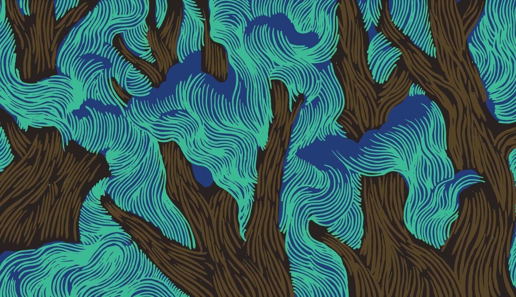 Richly textured forest pattern with brown wood grain trunks layered over abstract teal and blue foliage. Hand drawn brush lines create a dense, organic, and modern nature background. vector
