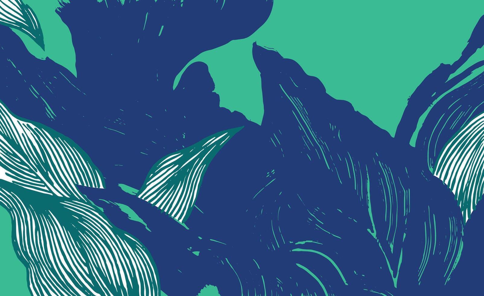 Striking tropical foliage pattern in three colors, dark indigo, mint green, and white. Dense, hand drawn layered leaves create a deep jungle texture and exotic graphic background. vector