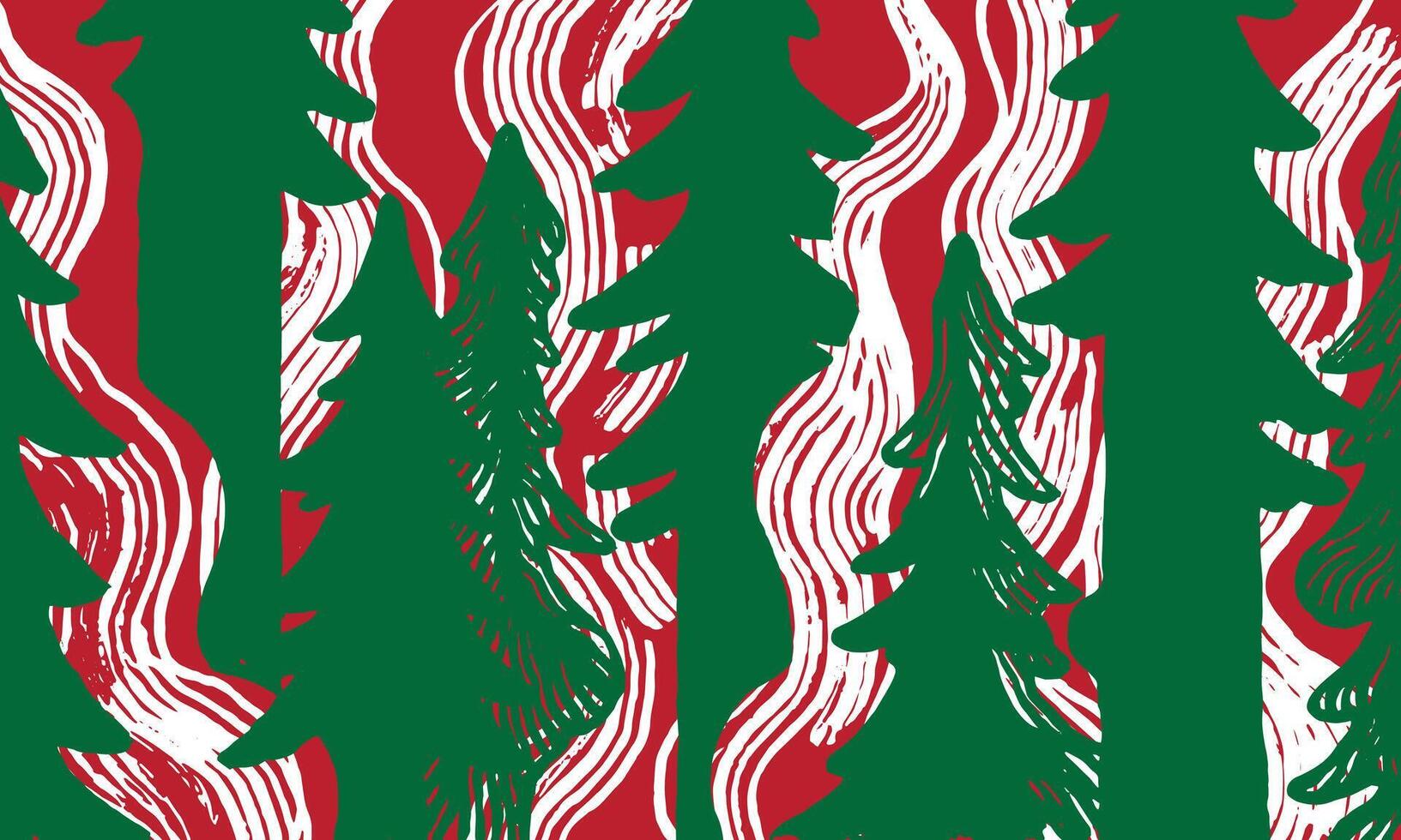 Layered Christmas pattern with dark green pine tree silhouettes over a textured white and red striped background. Bold, hand drawn brush lines create a dynamic, modern holiday textile design. vector