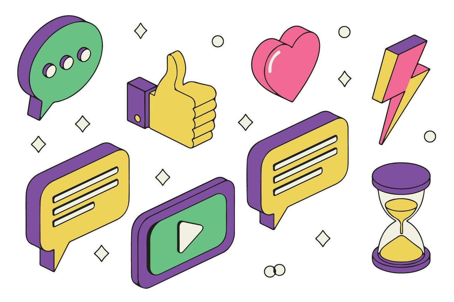 chat bubbles, like button, heart, lightning bolt, play button, and hourglass isolated on transparent background vector