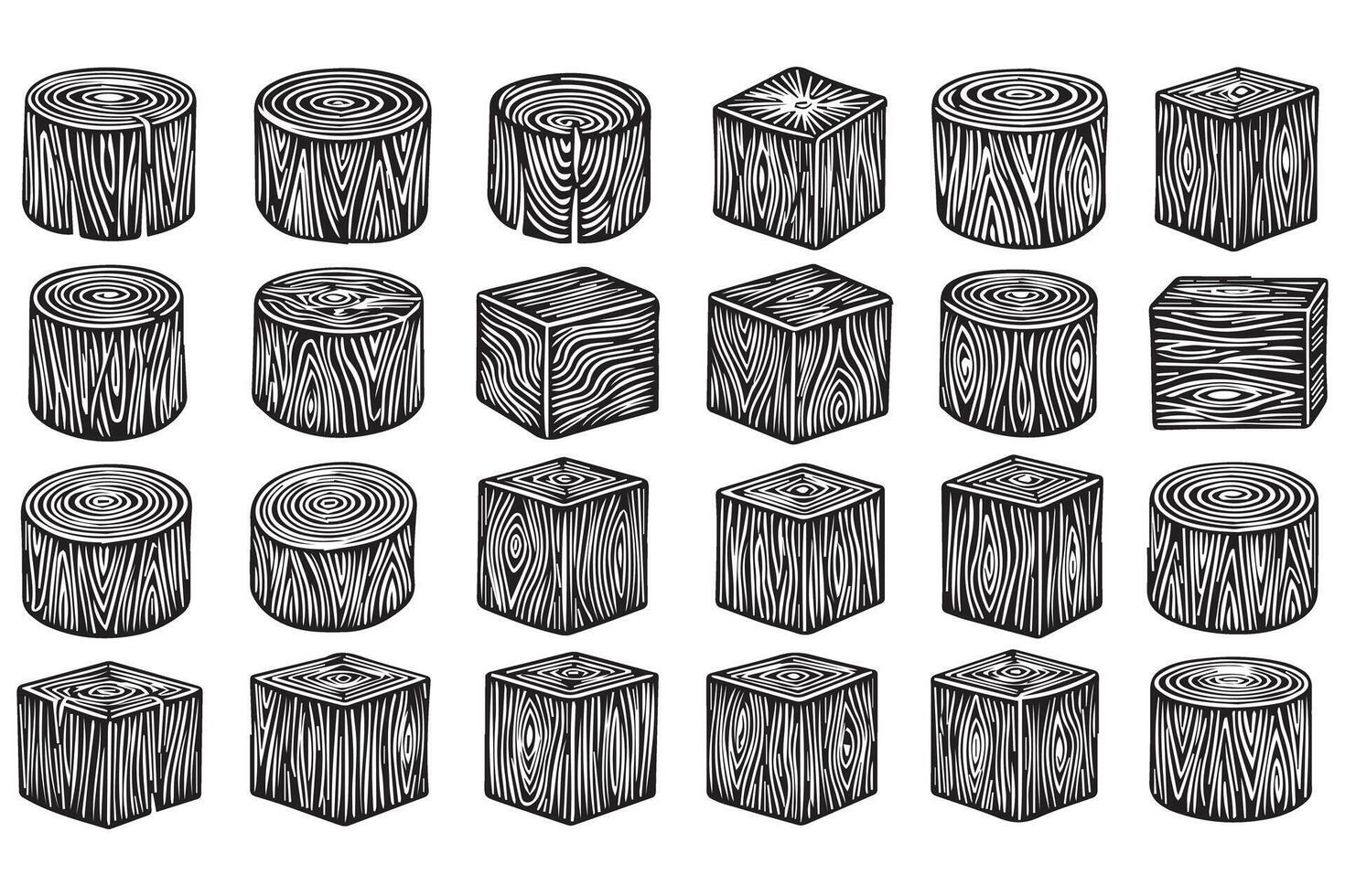 Assortment of wood log crosssections cubes with detailed grain patterns, isolated on transparent background vector