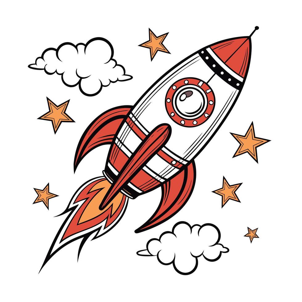 Retro Cartoon Rocket Ship Launching into Space with Stars and Clouds vector