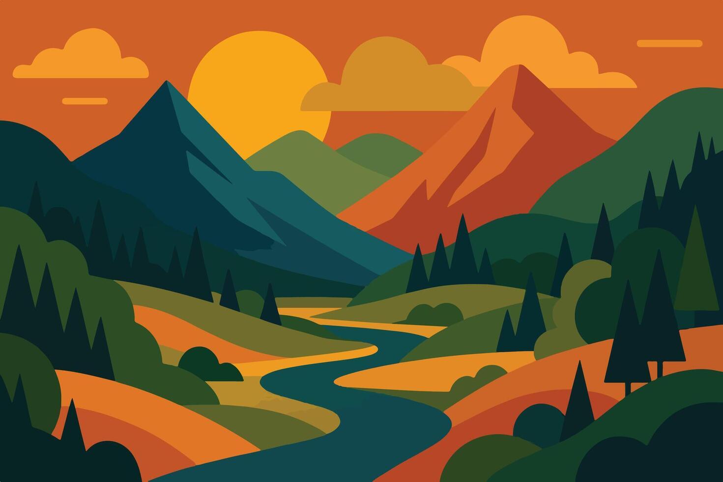 Eps illustration in flat simple style with copy space for text - summer landscape with natural scene - gradient hills - abstract background or wallpaper for banner, greeting card, colorful wallpaper vector