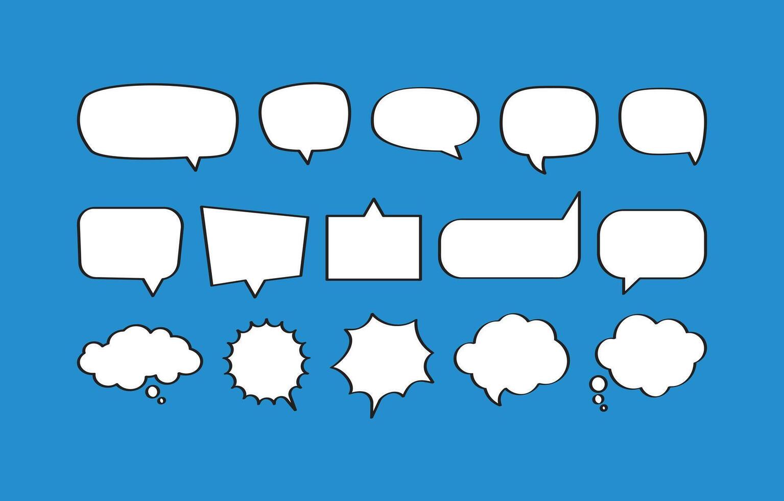 Comic-style speech and thought bubbles set with black outline on a blue background. Various dialogue, chat, and message box templates for communication, pop art, and web design vector