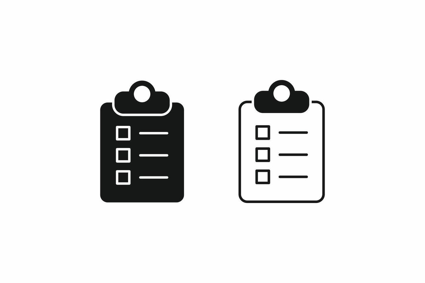 Checklist clipboard icons set, featuring solid and outline styles for survey or to-do lists vector