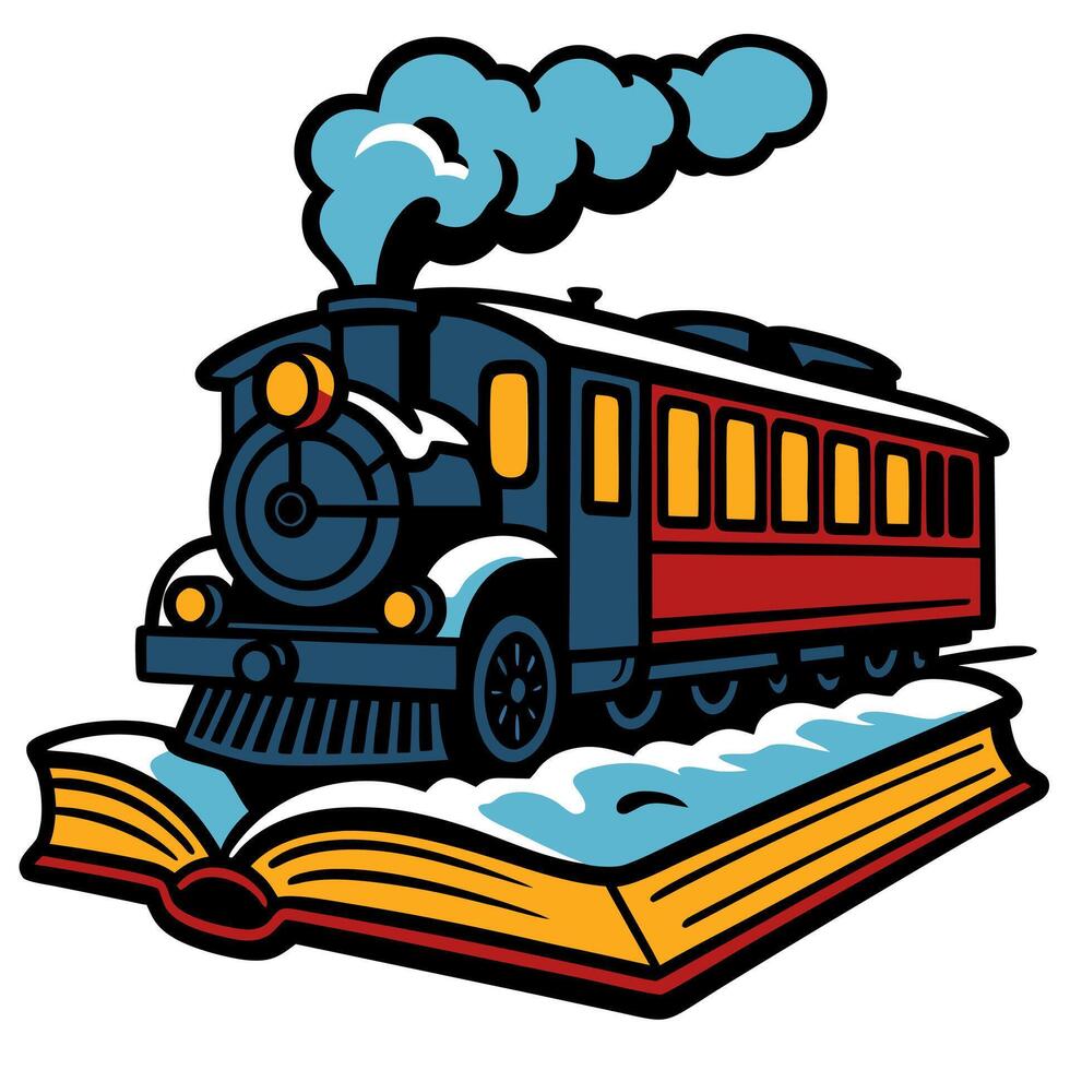 Vintage school bus riding over open book representing imagination, adventure, and journey of learning through knowledge and creativity. vector