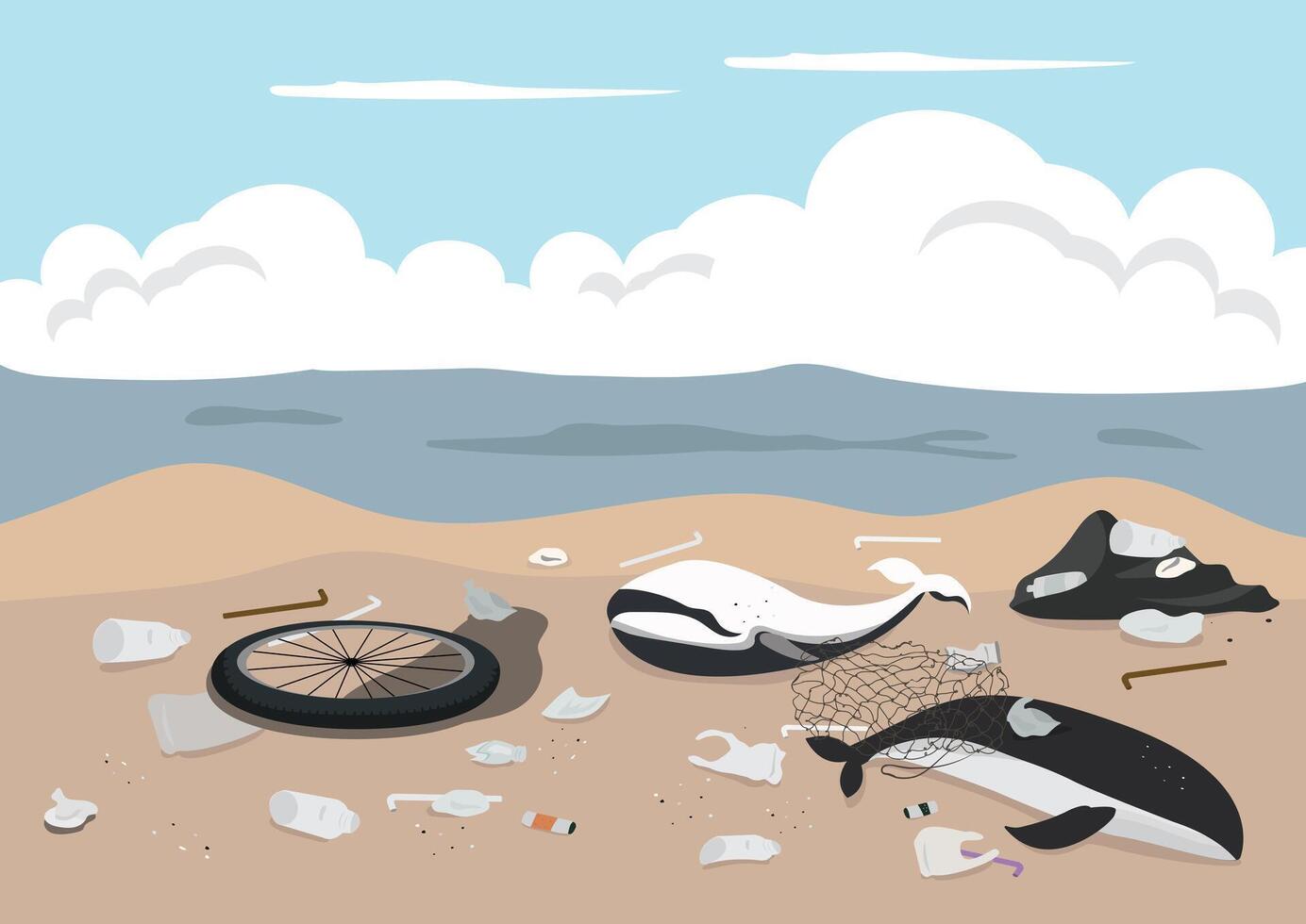 whales carcass stranded on beach with fishing net waste and plastic pollution around background vector