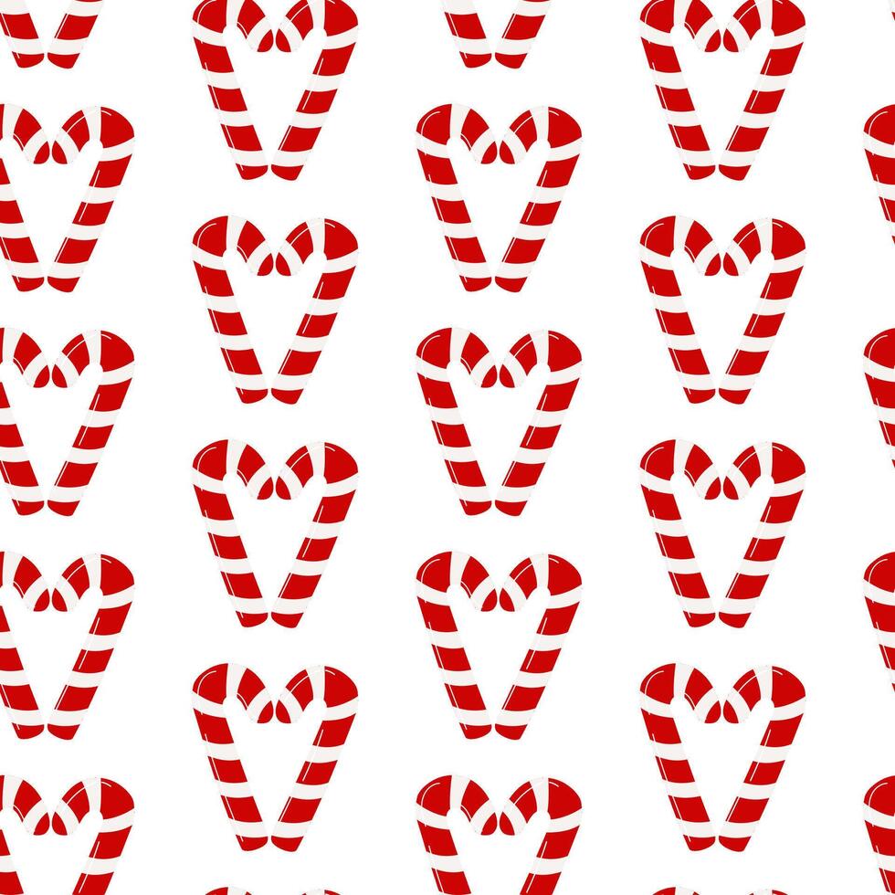 Seamless holiday pattern with red and white striped lollipops. Caramel lollipops are shaped like a heart. Repetitive texture for Christmas backgrounds, wrapping paper, and textile prints. vector