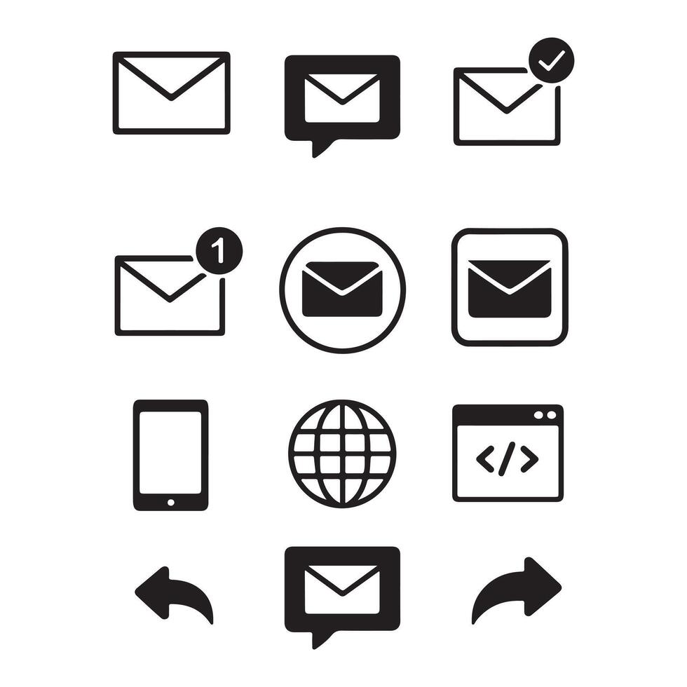 A comprehensive icon set for digital communication and online messaging, featuring essential UI elements for web and mobile applications vector