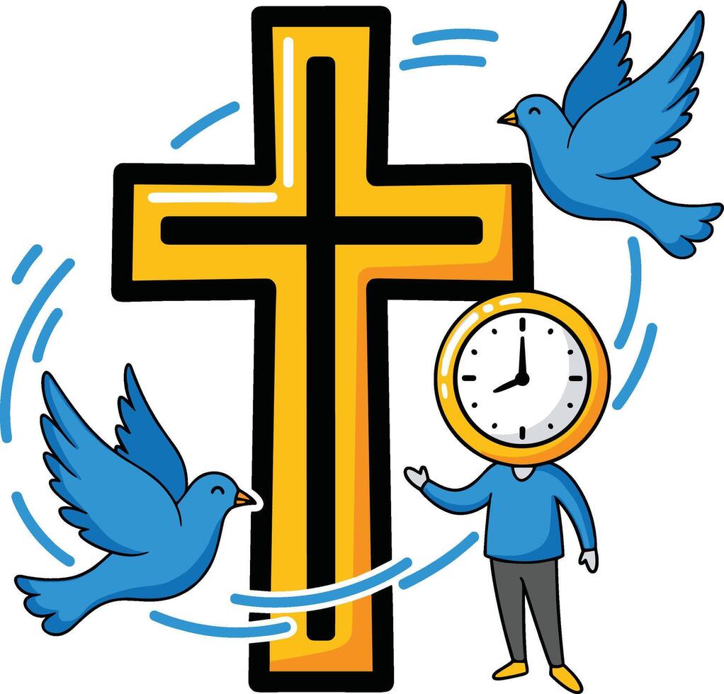 A cartoon man is standing in front of a cross with a clock vector