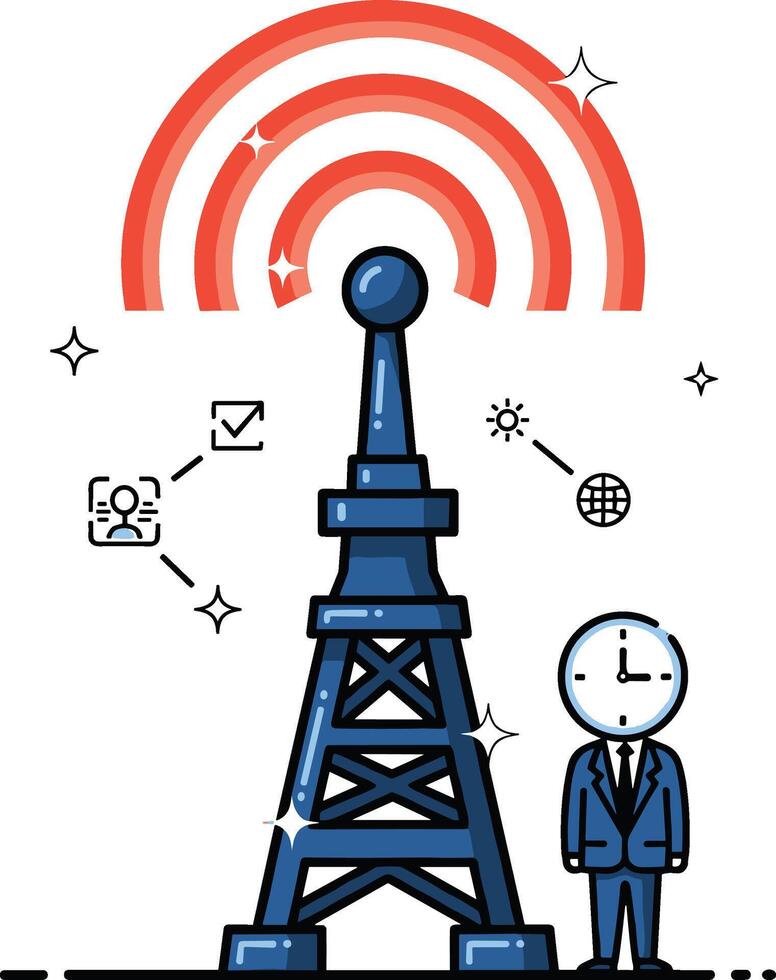 The man is standing in front of the tower with the phone and the wifi symbol vector