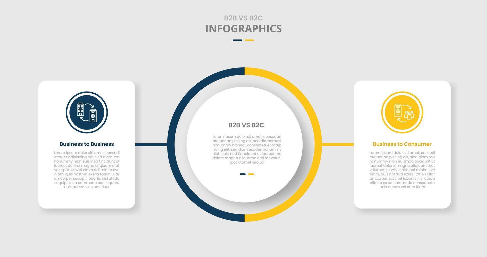 B2B vs B2C comparison for infographic with drop shadow style with big circle center with round box container on side two point list information vector
