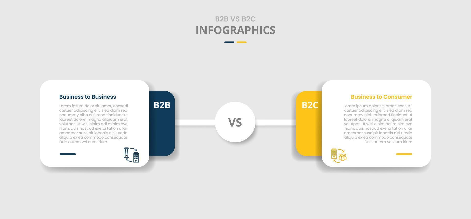B2B vs B2C comparison for infographic with drop shadow style with round rectangle stacked layer with circle center connection two point list information vector
