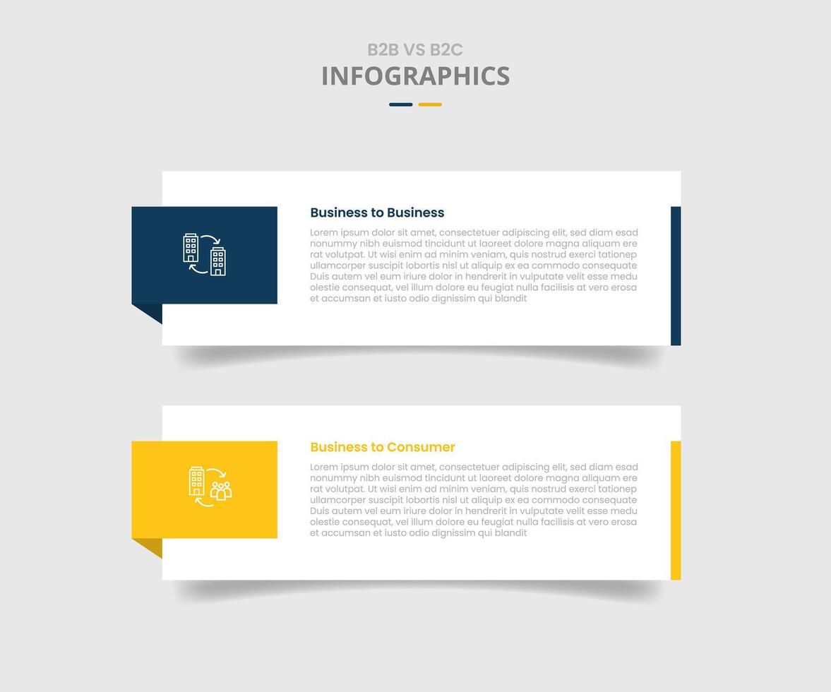 B2B vs B2C comparison for infographic with drop shadow style with big rectangle box container with badge on side two point list information vector