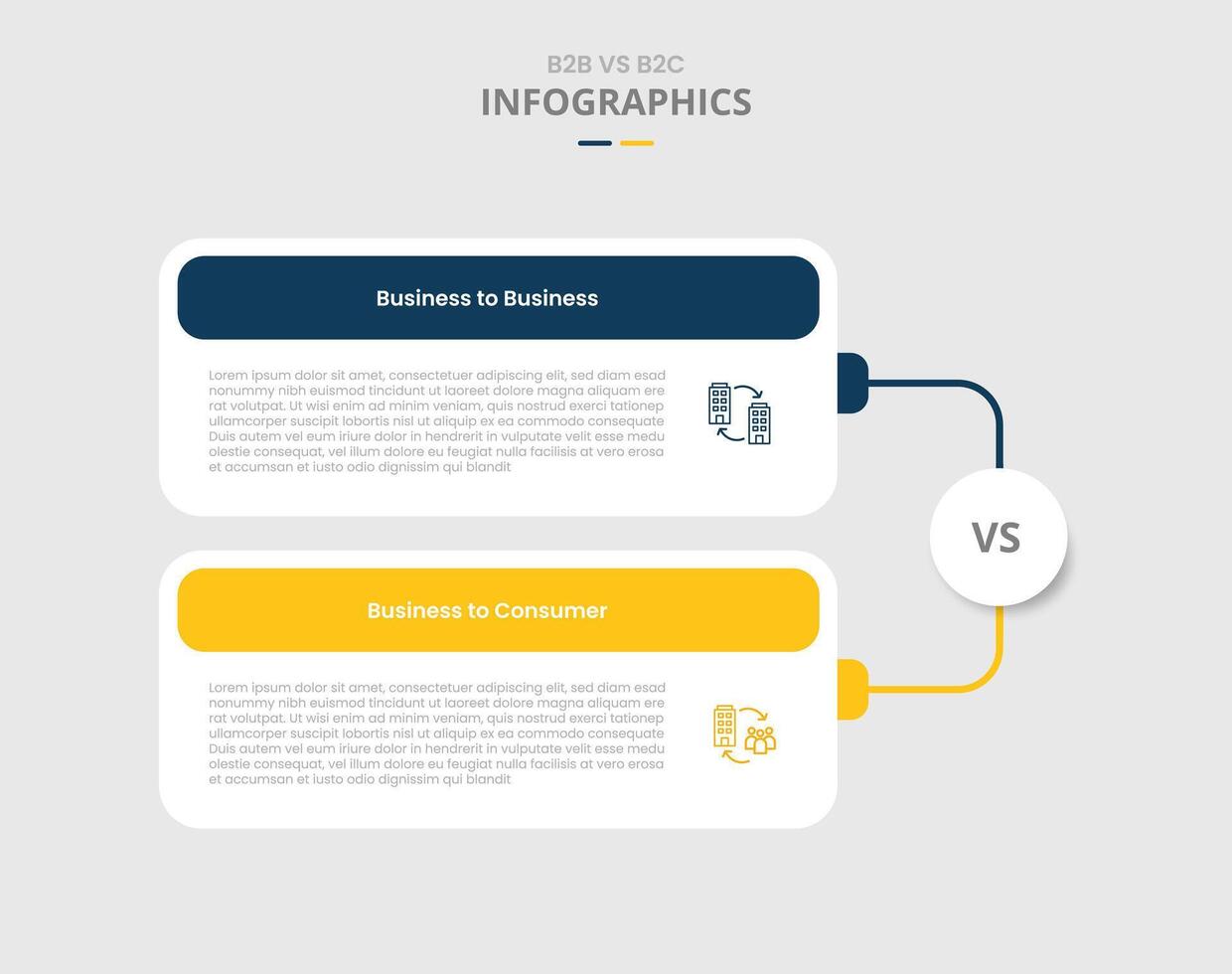 B2B vs B2C comparison for infographic with drop shadow style with round box container with stacked list line connection two point list information vector