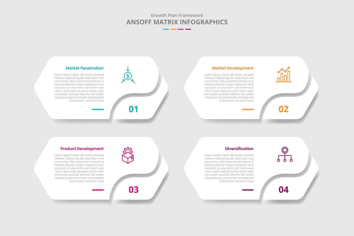 ansoff matrix for infographic with drop shadow style with long hexagon shape with swirl curve slice at bottom with 4 point list information vector