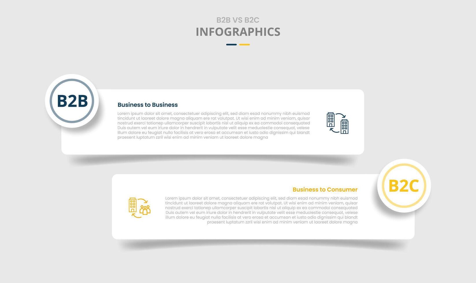 B2B vs B2C comparison for infographic with drop shadow style with round rectangle box with circle badge two point list information vector