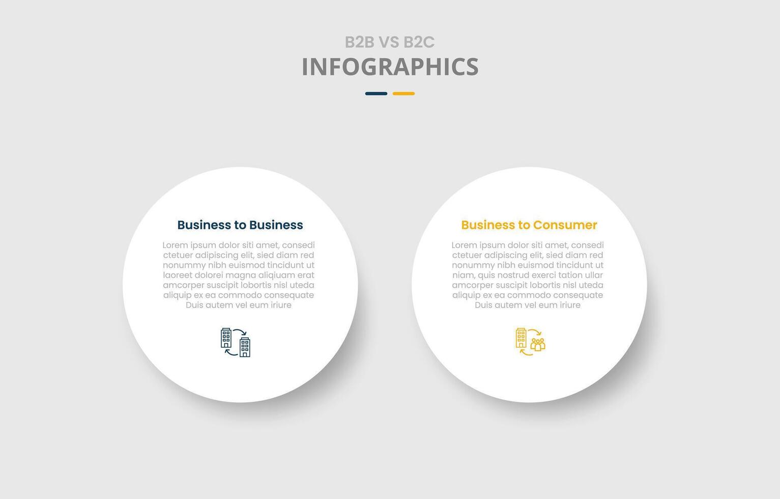 B2B vs B2C comparison for infographic with drop shadow style with big circle white two point list information vector