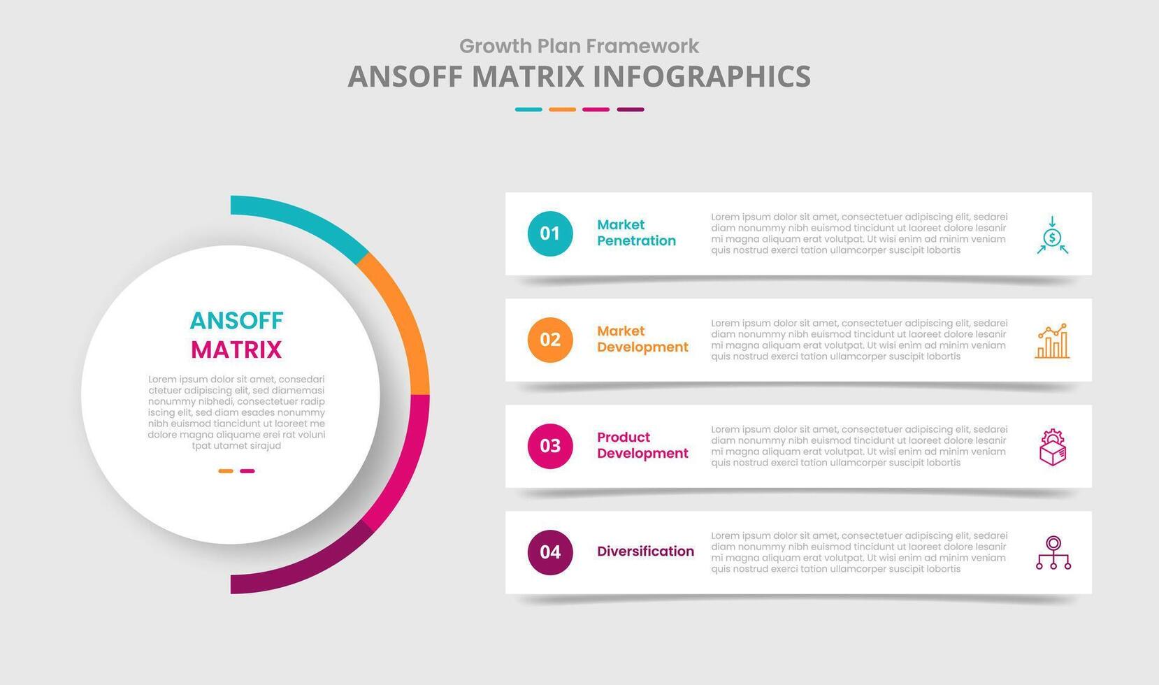 ansoff matriz para infografía con soltar sombra estilo con principal circulo y largo rectángulo caja apilado capa con 4 4 punto lista información vector