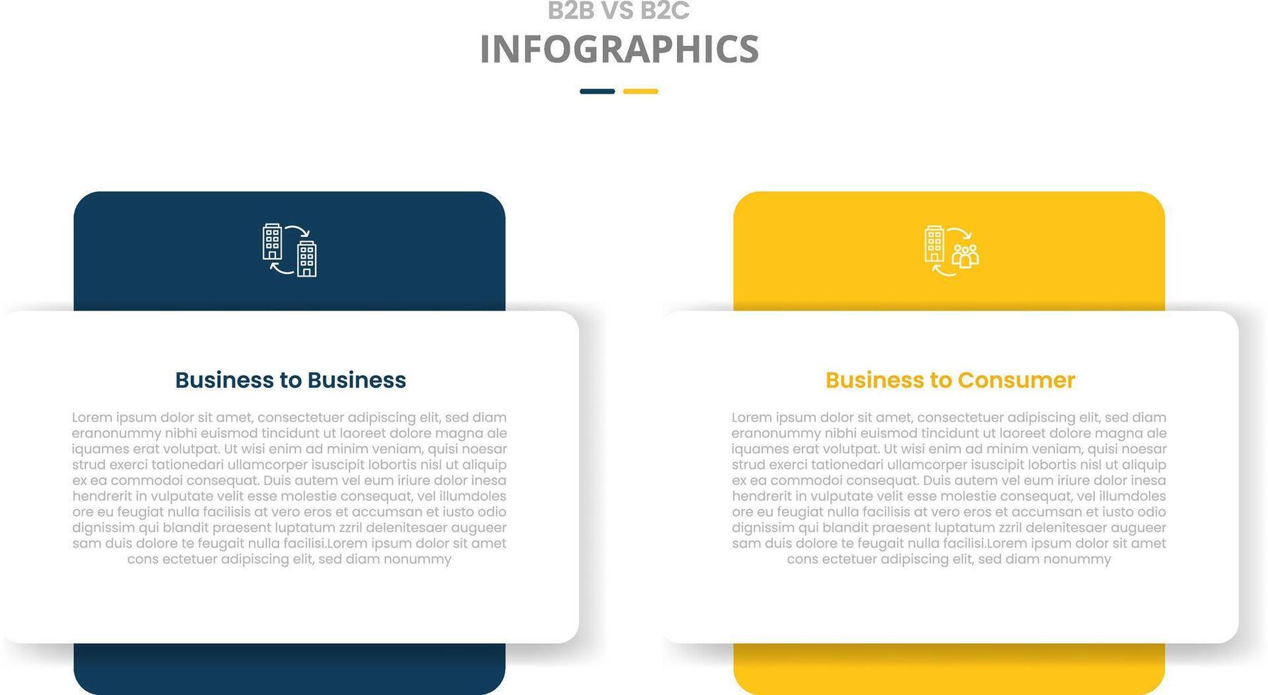 B2B vs B2C comparison for infographic with drop shadow style with round box with big block at behind two point list information vector