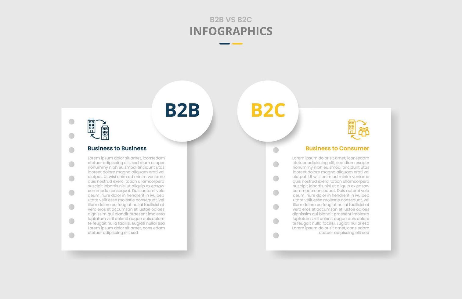B2B vs B2C comparison for infographic with drop shadow style with paper page with big circle badge on edge with two point list information vector