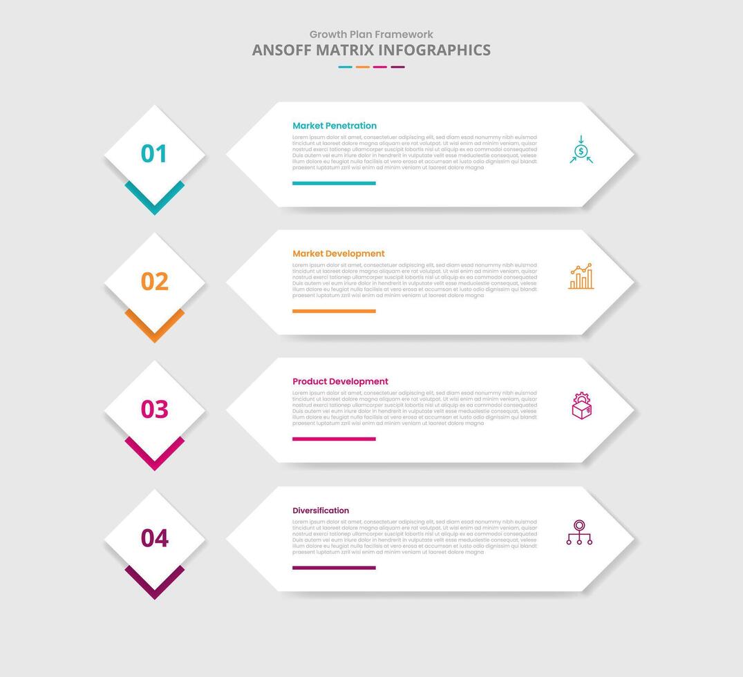 ansoff matrix for infographic with drop shadow style with diamond badge and long arrow rectangle on stacked list with 4 point list information vector