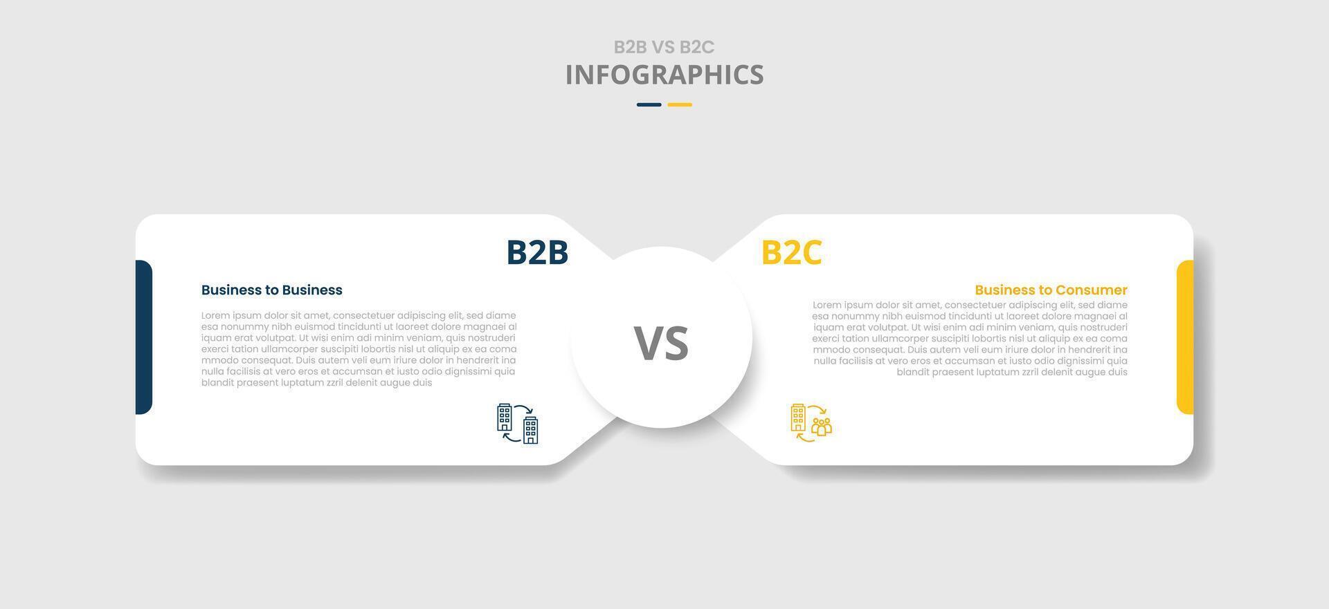 B2B vs B2C comparison for infographic with drop shadow style with round box container with circle center opposite direction two point list information vector
