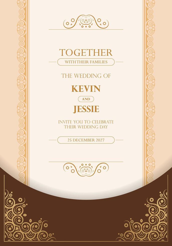 Elegant Brown and Gold Wedding Invitation Template with Ornamental Frame vector