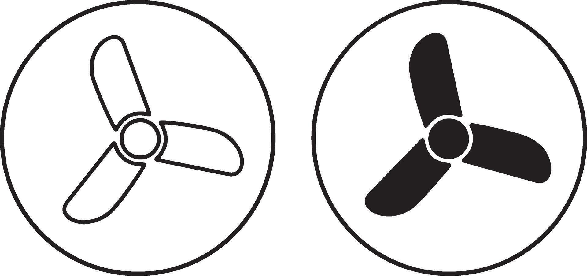 Two fan icons side by side one outline and one solid black showing three blades rotating in a circle for cooling air movement symbols vector
