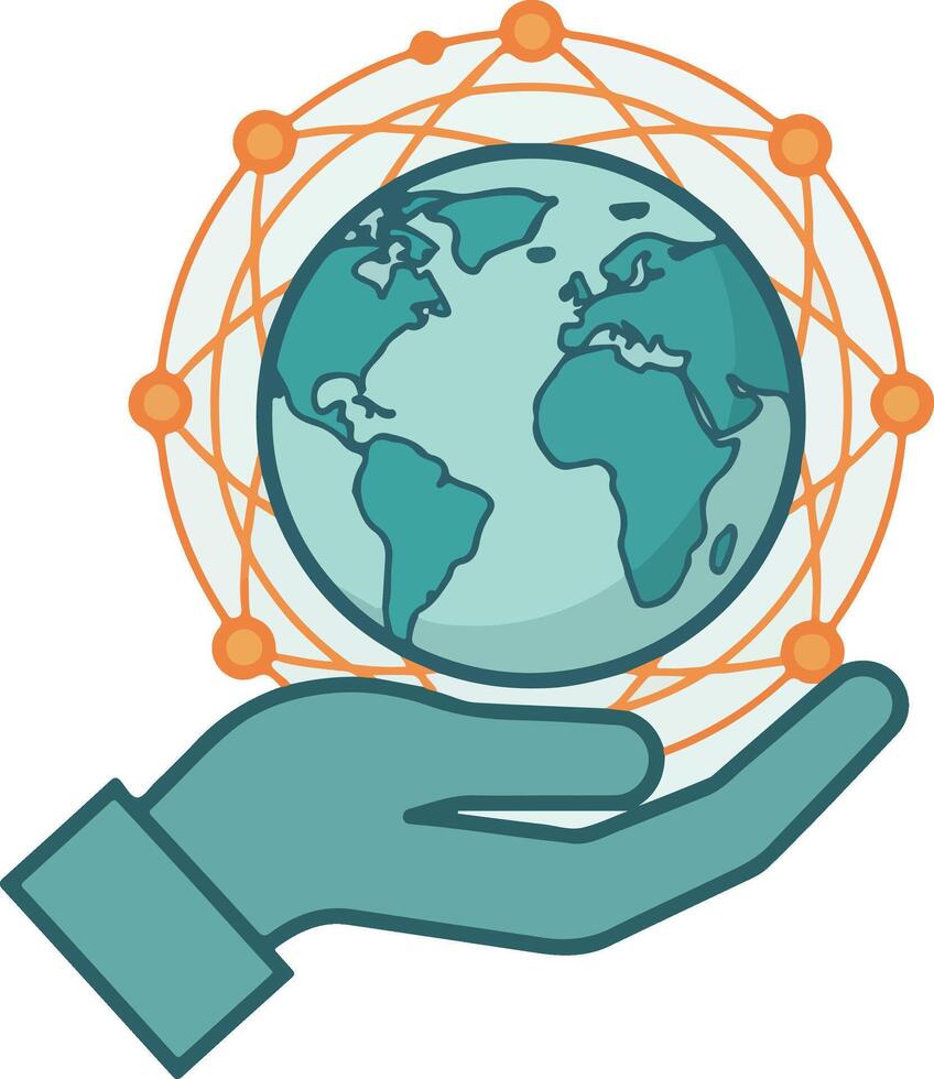 Hand cradles stylized globe connected by network of dots and lines, symbolizing global connectivity and communication. vector