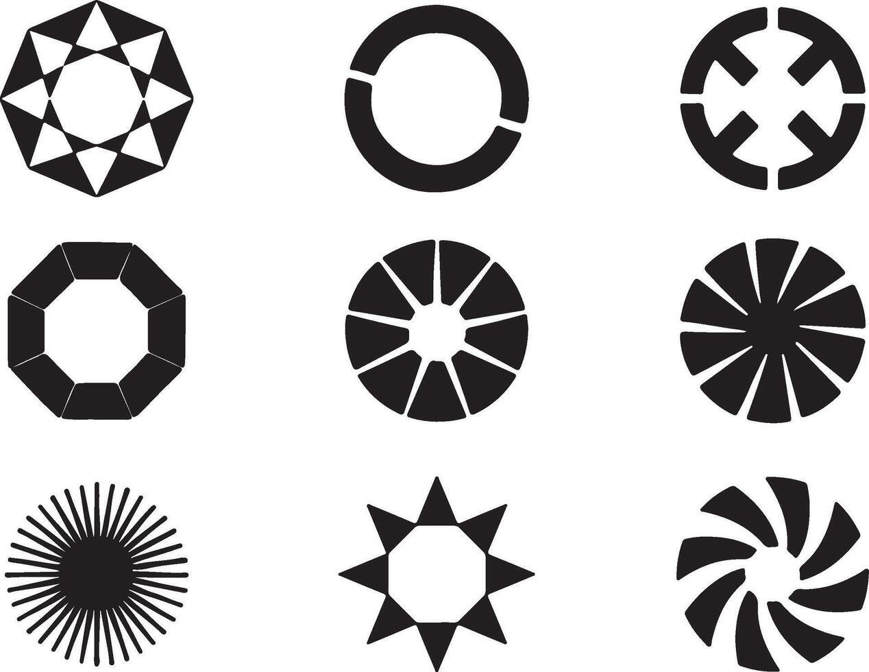 Collection of nine abstract geometric shapes, circular and star-like patterns, black and white graphics vector