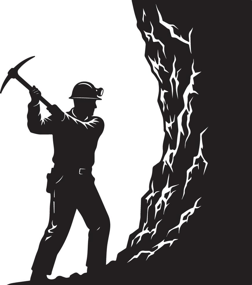 Silhouette of a miner wearing a helmet with a headlamp, striking a rocky surface with a pickaxe, emphasizing hard work and resource extraction in a dangerous environment vector