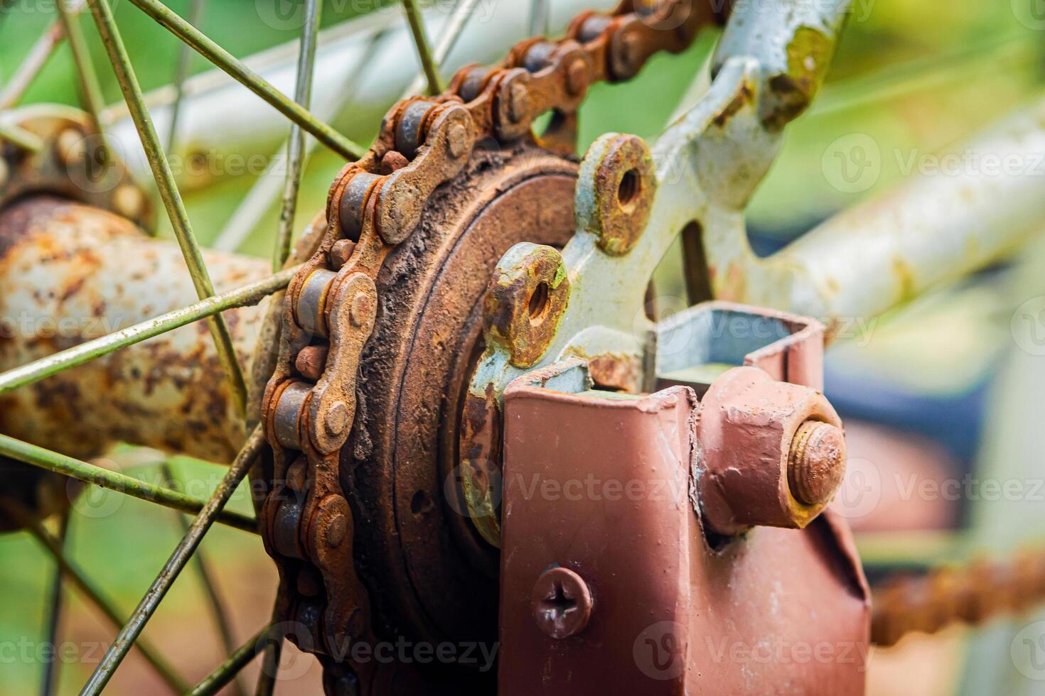 Close-up of a rusty bicycle chain and gears, showing age and decay photo