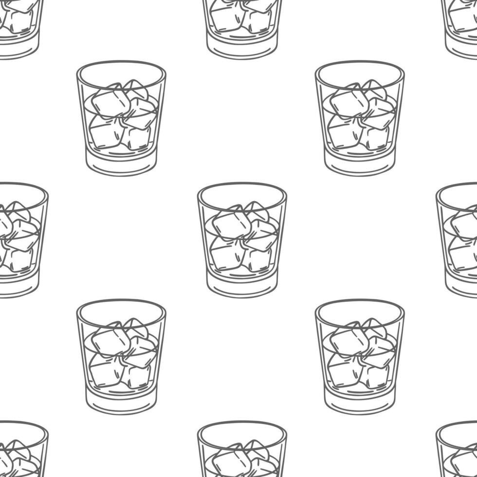 Seamless pattern of hand drawn whiskey glasses with ice cubes. Drinks background. vector