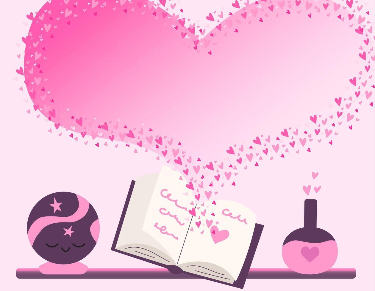 Magic love potion making with spell book. Space for text in heart shape with lots of glowing hearts. Template background for greeting or party invitation. vector
