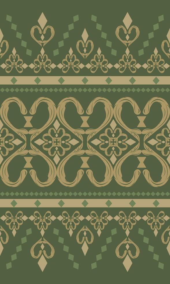 Tall vertical decorative pattern featuring curved heart shapes and small floral detail repeated in structured alignment. Olive green background with soft gold highlights create elegant and luxury mood vector