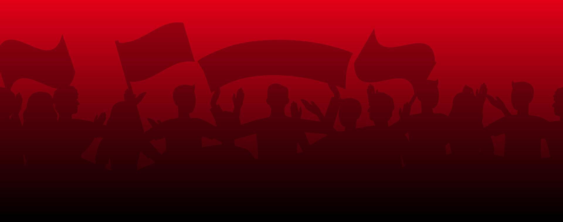 Silhouetted crowd protesting with flags and banners on red background vector