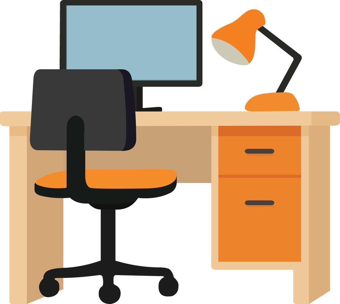 Modern home office setup with computer desk, ergonomic chair, and adjustable desk lamp for productive work and study sessions vector